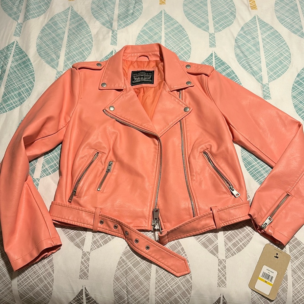 BELTED FAUX LEATHER MOTO JACKET - CORAL
